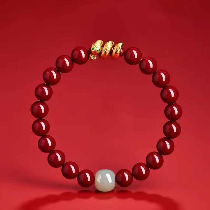 Braccialetto di benedizione dell'anno del serpente in giada di Hetian, perle di cinabro Buddha Stones