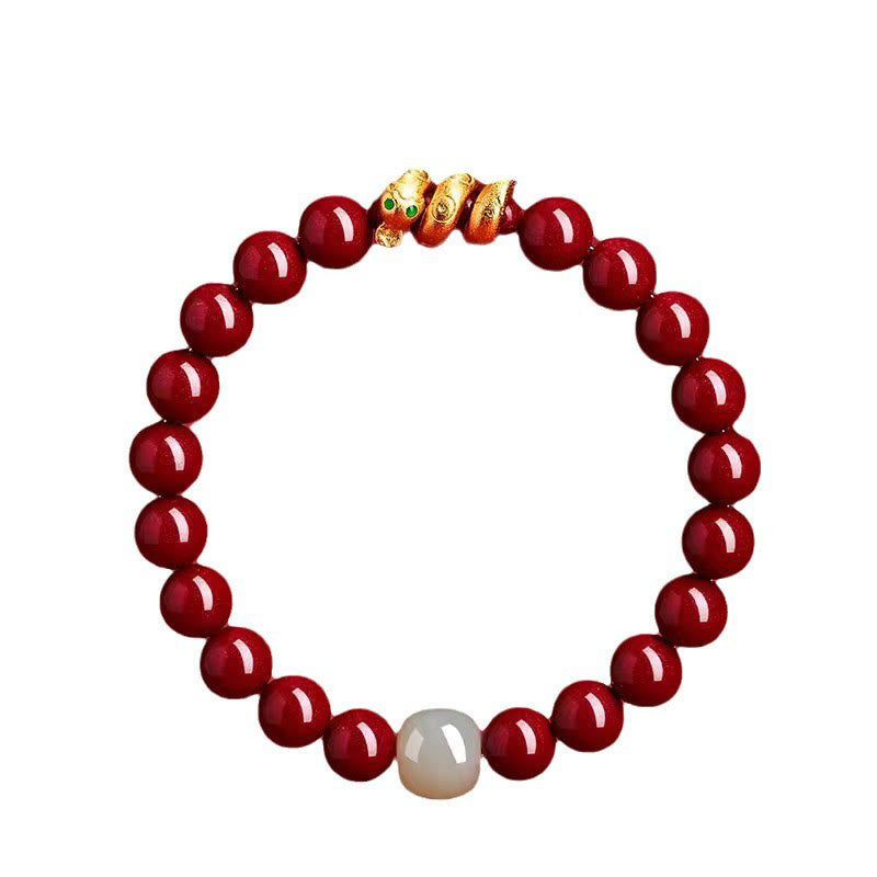 Braccialetto di benedizione dell'anno del serpente in giada di Hetian, perle di cinabro Buddha Stones