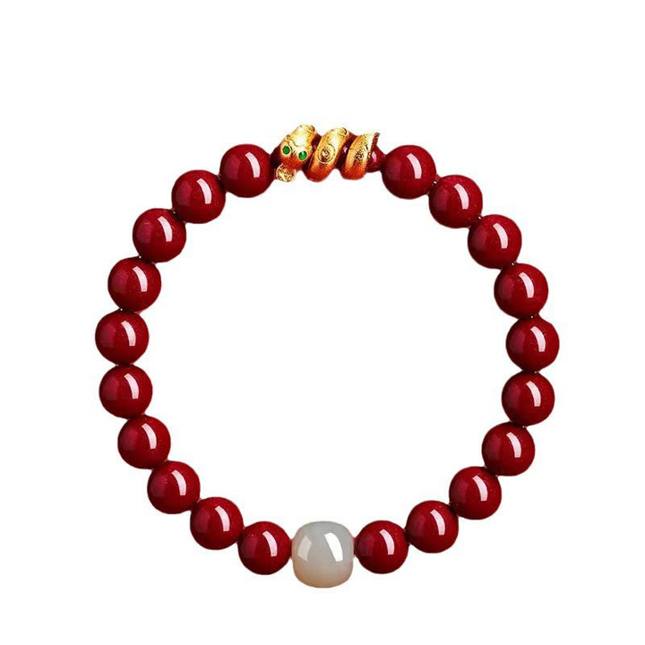 Braccialetto di benedizione dell'anno del serpente in giada di Hetian, perle di cinabro Buddha Stones
