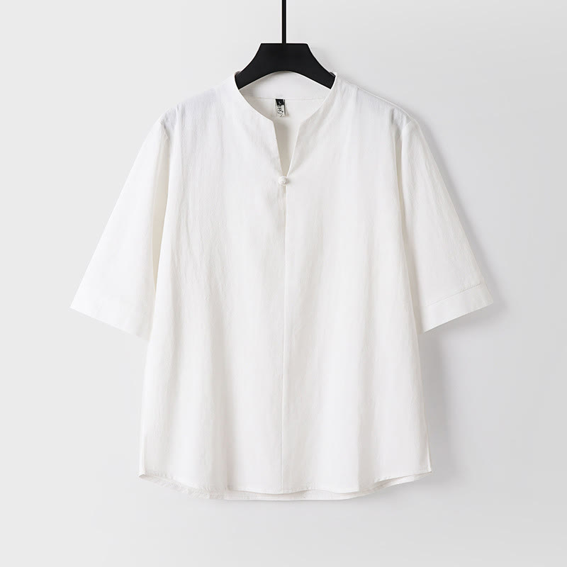 Camicia da uomo in cotone e lino a maniche a tre quarti con un bottone e stampa Buddha Stones, tinta unita. - Bianco - US/UK/AU54, EU64 (9XL) - image 1