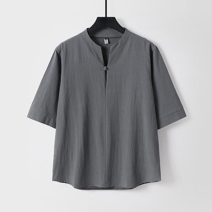 Camicia da uomo in cotone e lino con un bottone, manica a tre quarti, tinta unita, motivo Buddha Stones - Grigio - US/UK/AU54, EU64 (9XL) - image 2