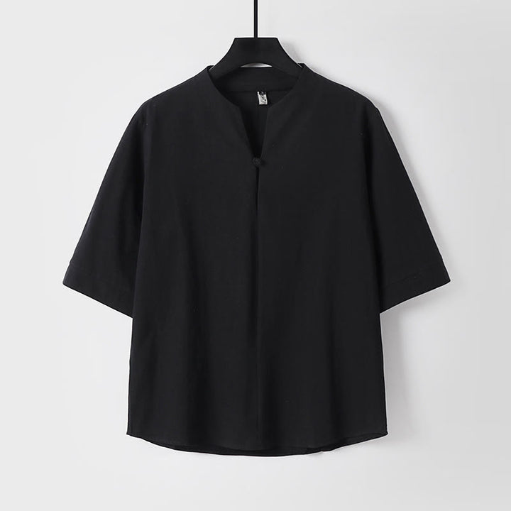Camicia da uomo in cotone e lino con un bottone, manica a tre quarti, tinta unita, motivo Buddha Stones - Nero - US/UK/AU54, EU64 (9XL) - image 0