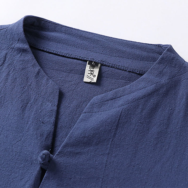 Camicia da uomo in cotone e lino con un bottone, manica a tre quarti, tinta unita, motivo Buddha Stones - image 8