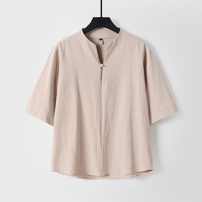 Camicia da uomo in cotone e lino con un bottone, manica a tre quarti, tinta unita, motivo Buddha Stones - Grano - US/UK/AU54, EU64 (9XL) - image 3