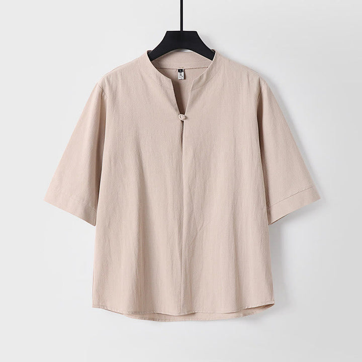 Camicia da uomo in cotone e lino con un bottone, manica a tre quarti, tinta unita, motivo Buddha Stones - Grano - US/UK/AU54, EU64 (9XL) - image 3