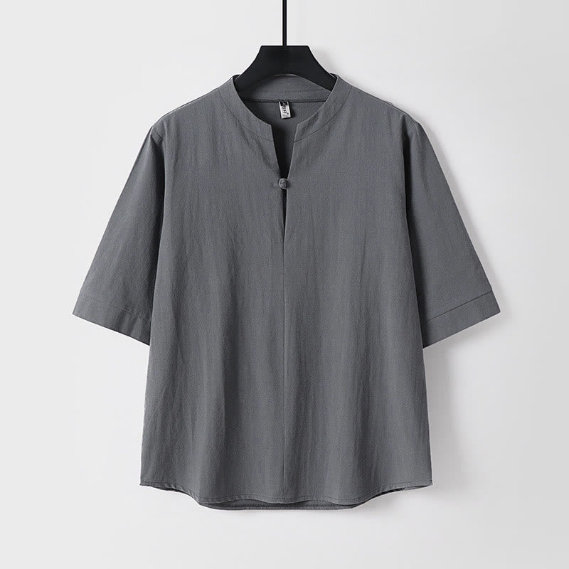 Camicia da uomo in cotone e lino con un bottone, manica a tre quarti, tinta unita, motivo Buddha Stones - Grigio - US/UK/AU54, EU64 (9XL) - image 2