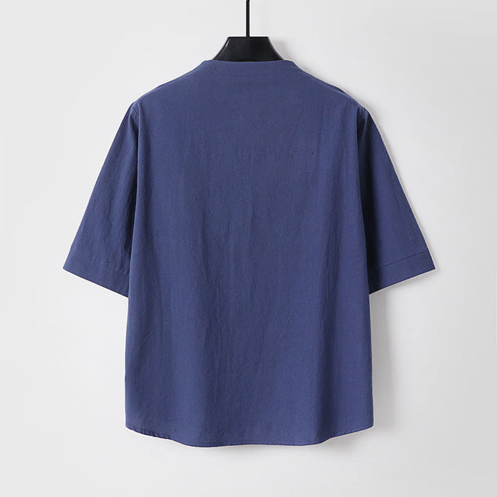 Camicia da uomo in cotone e lino con un bottone, manica a tre quarti, tinta unita, motivo Buddha Stones - image 6