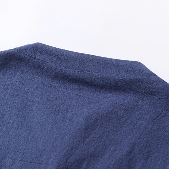 Camicia da uomo in cotone e lino con un bottone, manica a tre quarti, tinta unita, motivo Buddha Stones - image 9