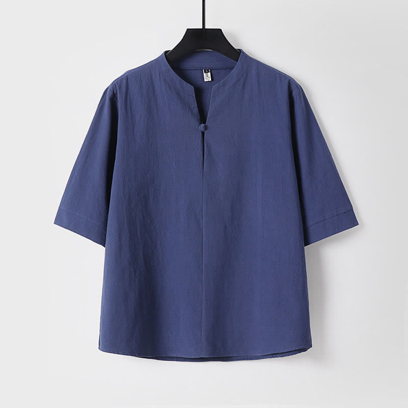 Camicia da uomo in cotone e lino con un bottone, manica a tre quarti, tinta unita, motivo Buddha Stones - Blu scuro - US/UK/AU54, EU64 (9XL) - image 4