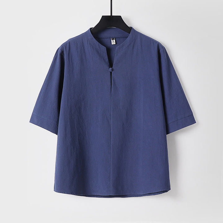 Camicia da uomo in cotone e lino con un bottone, manica a tre quarti, tinta unita, motivo Buddha Stones - Blu scuro - US/UK/AU54, EU64 (9XL) - image 4