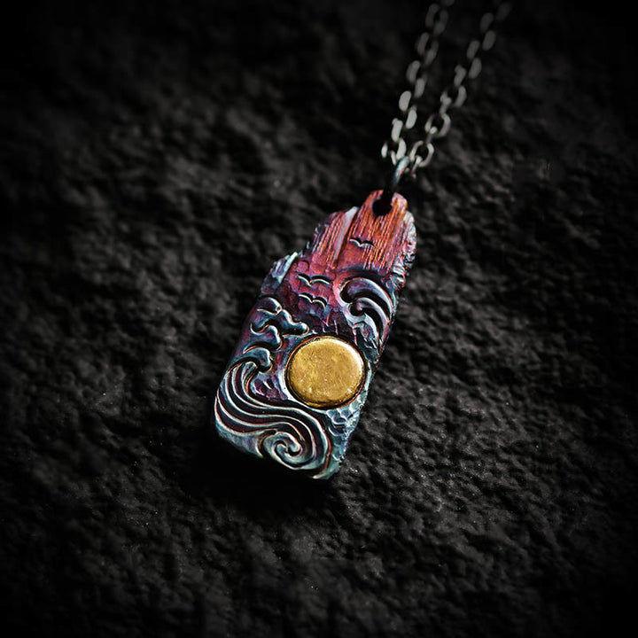 Collana con ciondolo Buddha Stones in argento sterling 999 e oro 24k, onde e sole, equilibrio - Catena in argento sterling 999 e acciaio al titanio - image 0