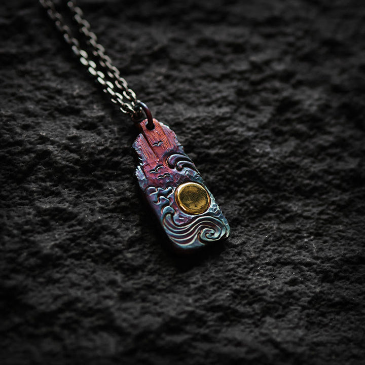 Collana con ciondolo Buddha Stones in argento sterling 999 e oro 24k, onde e sole, equilibrio
