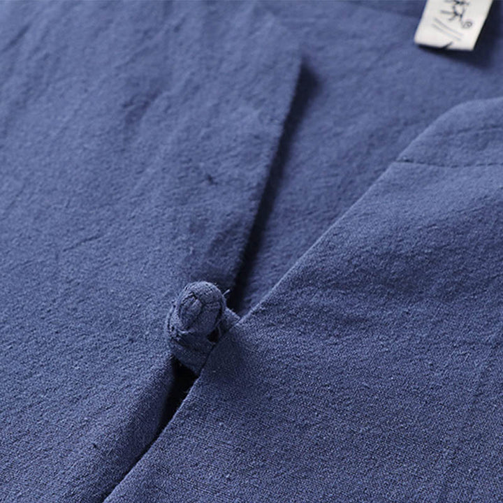 Camicia da uomo in cotone e lino casual con maniche a tre quarti e bottone singolo, tinta unita , Buddha Stones - image 10