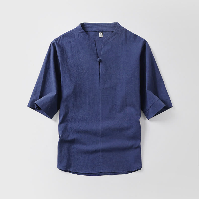 Camicia da uomo in cotone e lino casual con maniche a tre quarti e bottone singolo, tinta unita , Buddha Stones - Blu scuro - US/UK/AU54, EU64 (9XL) - image 6
