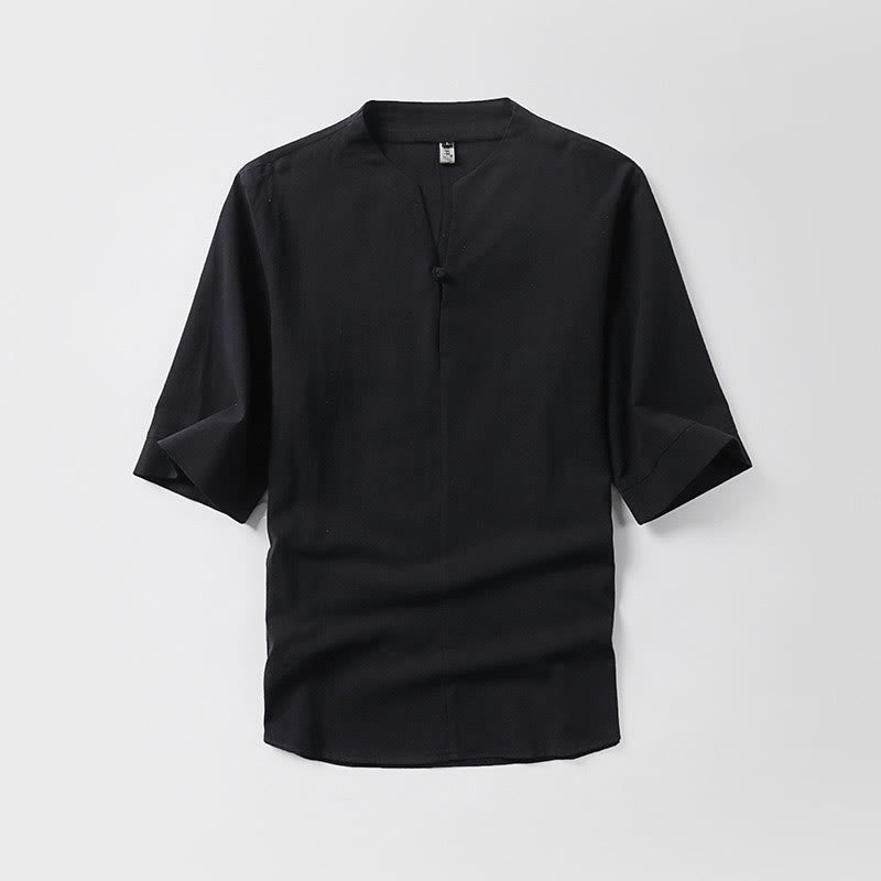 Camicia da uomo in cotone e lino casual con maniche a tre quarti e bottone singolo, tinta unita , Buddha Stones - Nero - US/UK/AU54, EU64 (9XL) - image 2