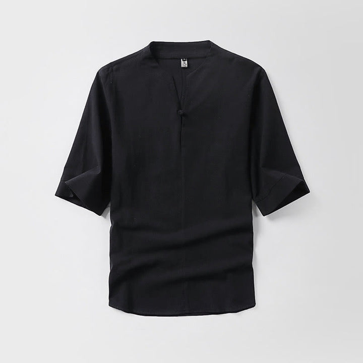 Camicia da uomo in cotone e lino casual con maniche a tre quarti e bottone singolo, tinta unita , Buddha Stones - Nero - US/UK/AU54, EU64 (9XL) - image 2