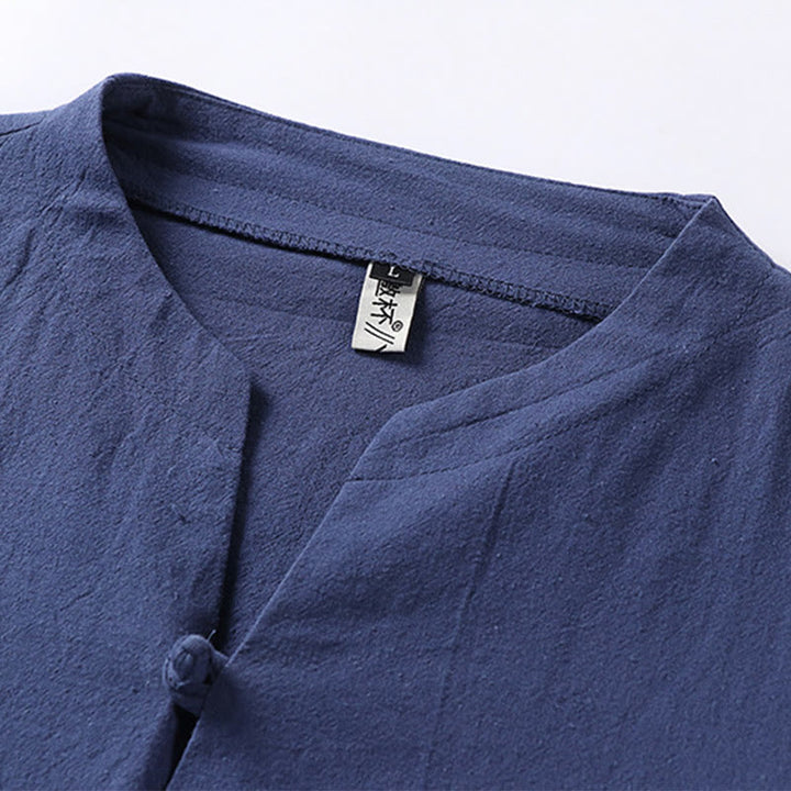 Camicia da uomo in cotone e lino casual con maniche a tre quarti e bottone singolo, tinta unita , Buddha Stones - image 8