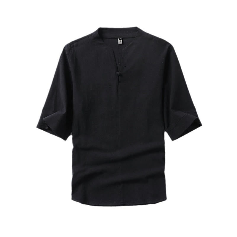 Camicia da uomo in cotone e lino casual con maniche a tre quarti e bottone singolo, tinta unita , Buddha Stones - image 3