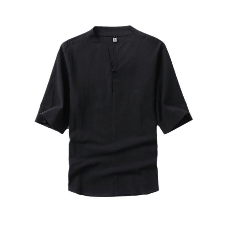 Camicia da uomo in cotone e lino casual con maniche a tre quarti e bottone singolo, tinta unita , Buddha Stones - image 3