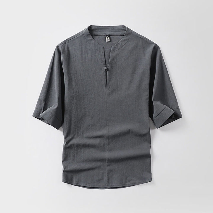 Camicia da uomo in cotone e lino casual con maniche a tre quarti e bottone singolo, tinta unita , Buddha Stones - Grigio - US/UK/AU54, EU64 (9XL) - image 0