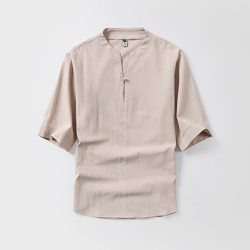 Camicia da uomo in cotone e lino casual con maniche a tre quarti e bottone singolo, tinta unita , Buddha Stones - Grano - US/UK/AU54, EU64 (9XL) - image 4