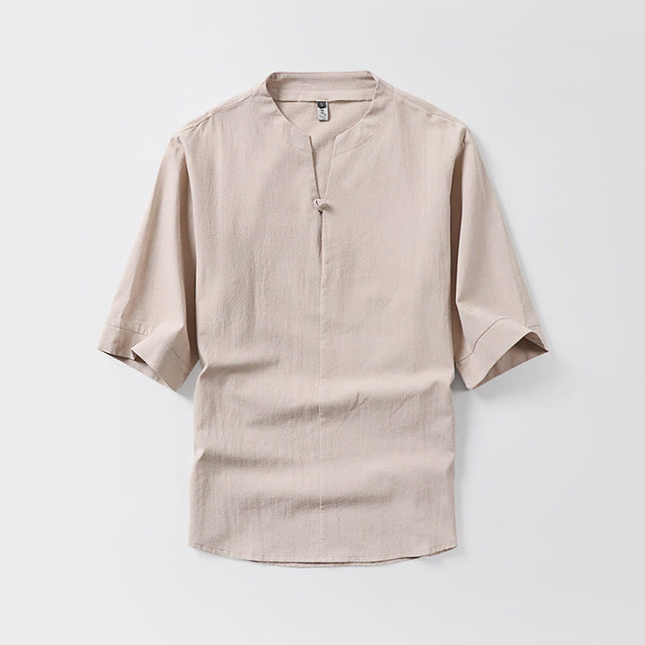 Camicia da uomo in cotone e lino casual con maniche a tre quarti e bottone singolo, tinta unita , Buddha Stones - Grano - US/UK/AU54, EU64 (9XL) - image 4