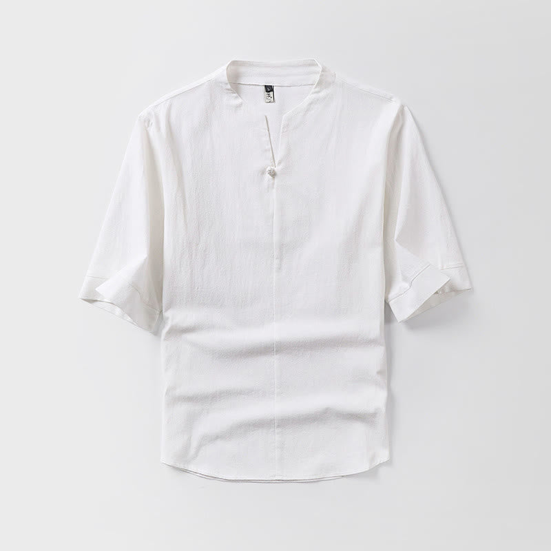 Camicia da uomo in cotone e lino casual con maniche a tre quarti e bottone singolo, tinta unita , Buddha Stones - Bianco - US/UK/AU54, EU64 (9XL) - image 1