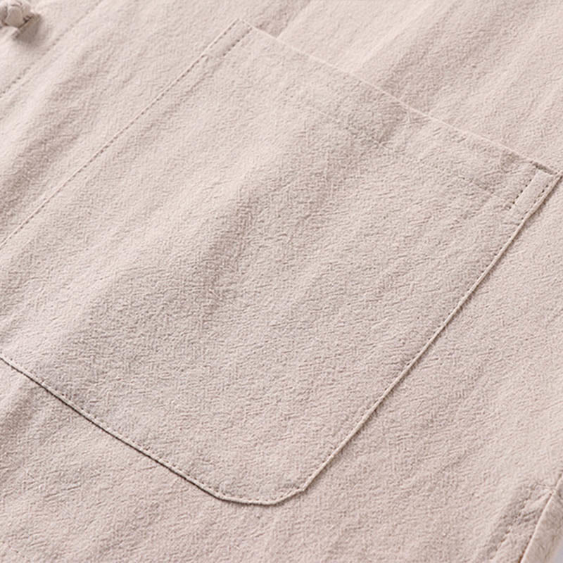 Camicia da uomo in lino e cotone con bottoni frontali, manica a tre quarti, casual, tinta unita , Buddha Stones, con tasche