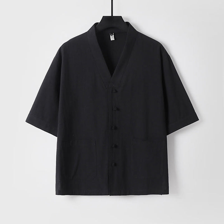 Camicia da uomo in lino e cotone con bottoni frontali, manica a tre quarti, casual, tinta unita , Buddha Stones, con tasche