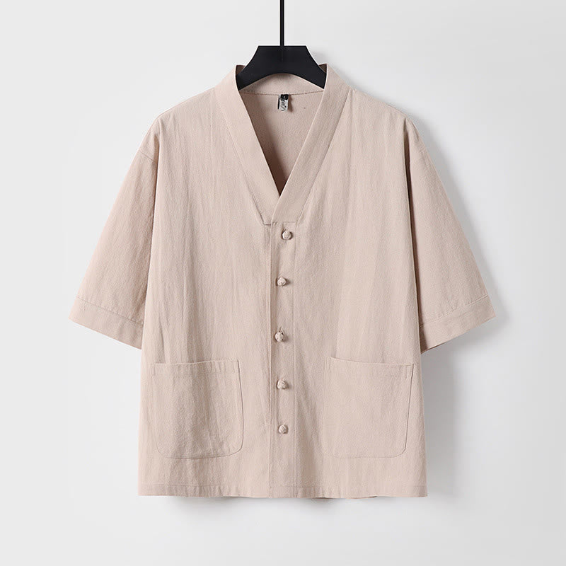 Camicia da uomo in lino e cotone con bottoni frontali, manica a tre quarti, casual, tinta unita , Buddha Stones, con tasche - Grano - US/UK/AU54, EU64 (9XL) - image 0