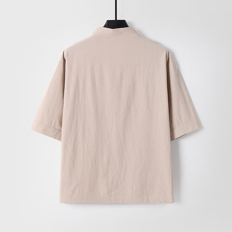 Camicia da uomo in lino e cotone con bottoni frontali, manica a tre quarti, casual, tinta unita , Buddha Stones, con tasche