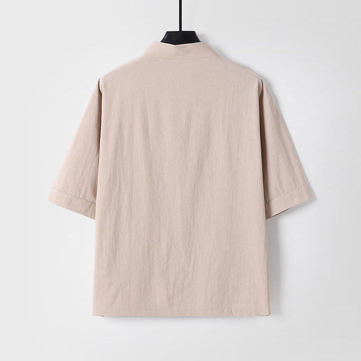 Camicia da uomo in lino e cotone con bottoni frontali, manica a tre quarti, casual, tinta unita , Buddha Stones, con tasche