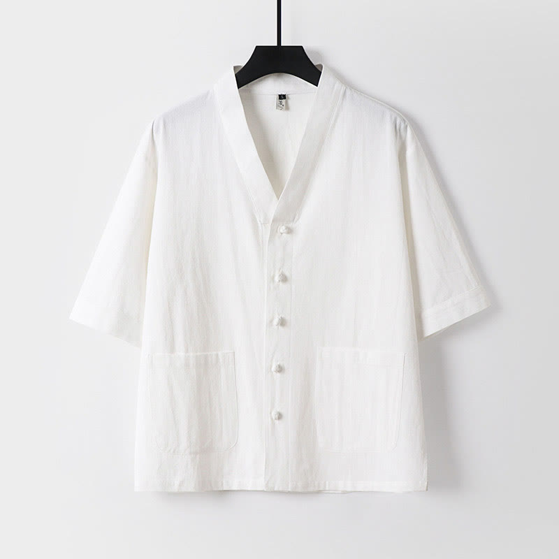 Camicia da uomo in lino e cotone con bottoni frontali, manica a tre quarti, casual, tinta unita , Buddha Stones, con tasche