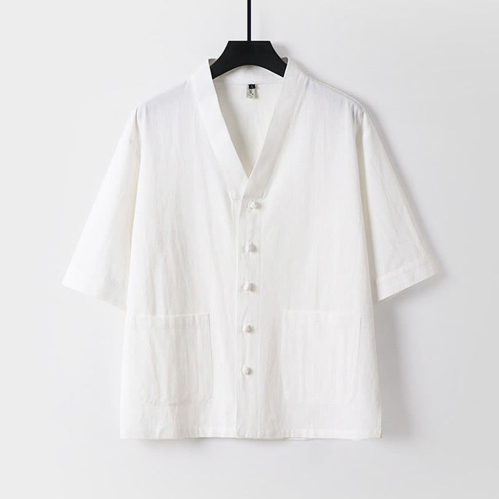 Camicia da uomo in lino e cotone con bottoni frontali, manica a tre quarti, casual, tinta unita , Buddha Stones, con tasche