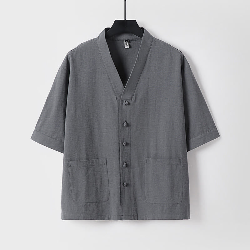 Camicia da uomo in lino e cotone con bottoni frontali, manica a tre quarti, casual, tinta unita , Buddha Stones, con tasche
