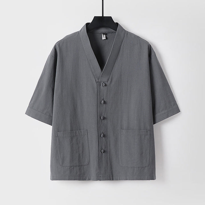Camicia da uomo in lino e cotone con bottoni frontali, manica a tre quarti, casual, tinta unita , Buddha Stones, con tasche