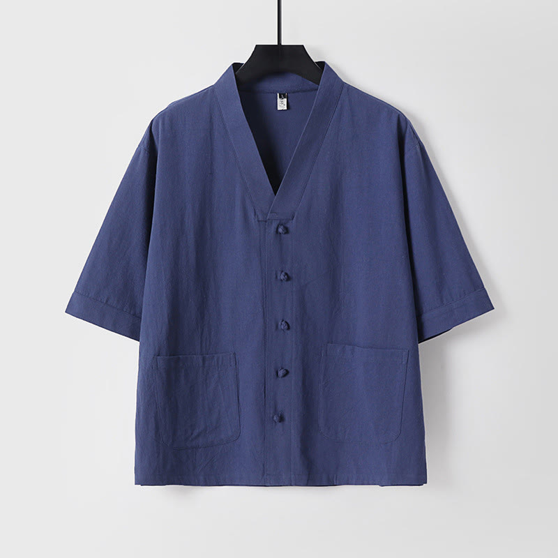 Camicia da uomo in lino e cotone con bottoni frontali, manica a tre quarti, casual, tinta unita , Buddha Stones, con tasche