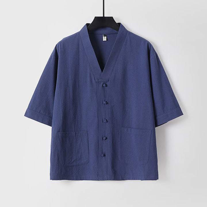 Camicia da uomo in lino e cotone con bottoni frontali, manica a tre quarti, casual, tinta unita , Buddha Stones, con tasche
