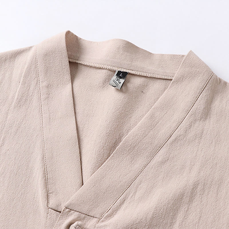 Camicia da uomo in lino e cotone con bottoni frontali, manica a tre quarti, casual, tinta unita , Buddha Stones, con tasche