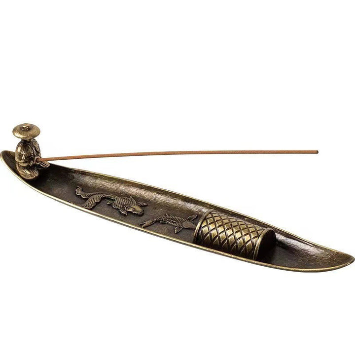 Buddha Stones Pescatore Barca Koi Pesce Lega di Zinco Porta Bastoncini di Incenso Bruciatore di Incenso Curativo Decorazione - image 11