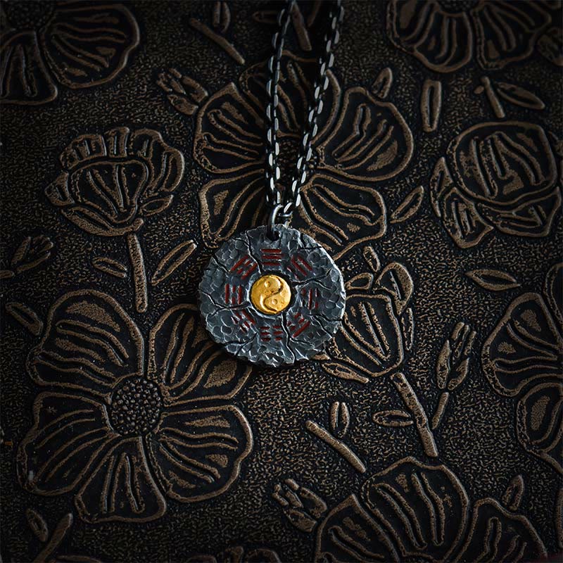 Buddha Stones Argento Sterling 999 Oro 24k Bagua Tai Chi Yin Yang Design Fantasmi di montagna Spendere soldi Collana pendente Armonia - Argento Sterling 999 e catena in argento - image 10