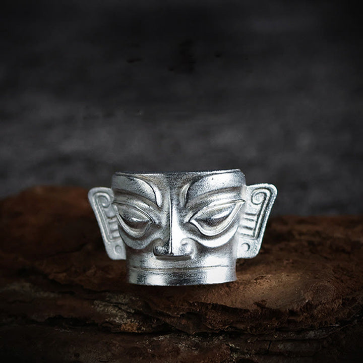 Anello di protezione per maschera Sanxingdui in argento sterling 999 Buddha Stones e fusione a mano