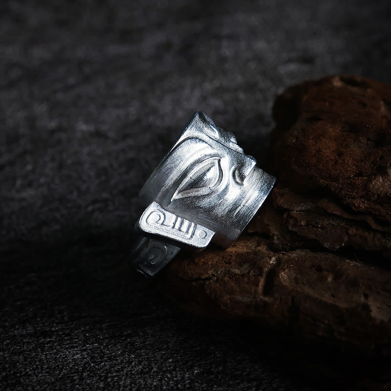 Anello di protezione per maschera Sanxingdui in argento sterling 999 Buddha Stones e fusione a mano - image 2