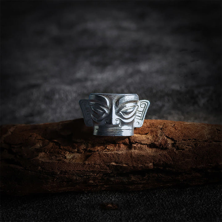 Anello di protezione per maschera Sanxingdui in argento sterling 999 Buddha Stones e fusione a mano - Argento sterling 999 - US10 - image 0