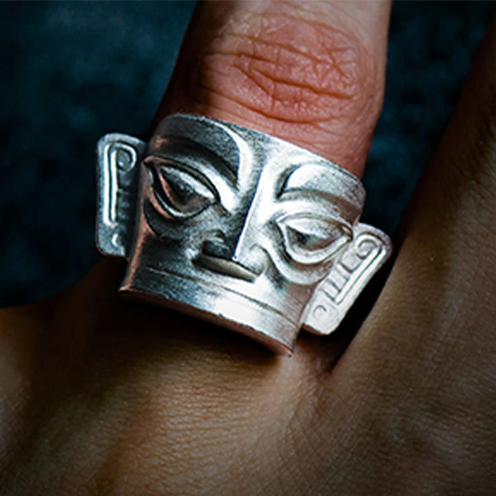 Anello di protezione per maschera Sanxingdui in argento sterling 999 Buddha Stones e fusione a mano - image 12