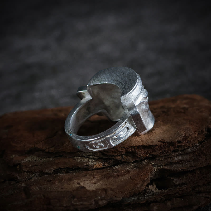 Anello di protezione per maschera Sanxingdui in argento sterling 999 Buddha Stones e fusione a mano