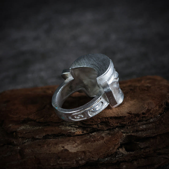 Anello di protezione per maschera Sanxingdui in argento sterling 999 Buddha Stones e fusione a mano