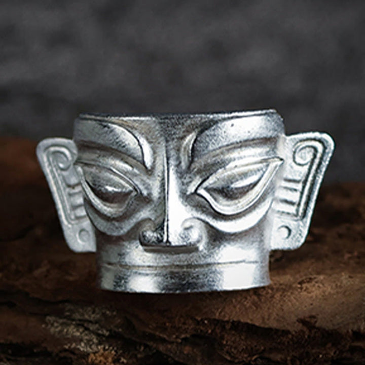 Anello di protezione per maschera Sanxingdui in argento sterling 999 Buddha Stones e fusione a mano