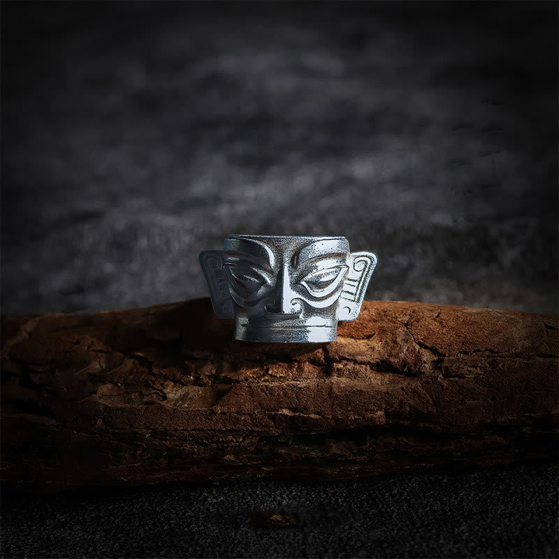 Anello di protezione per maschera Sanxingdui in argento sterling 999 Buddha Stones e fusione a mano - Argento Sterling 999 - US10 - image 0