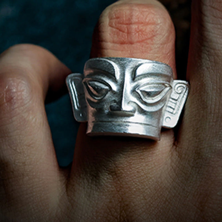 Anello di protezione per maschera Sanxingdui in argento sterling 999 Buddha Stones e fusione a mano